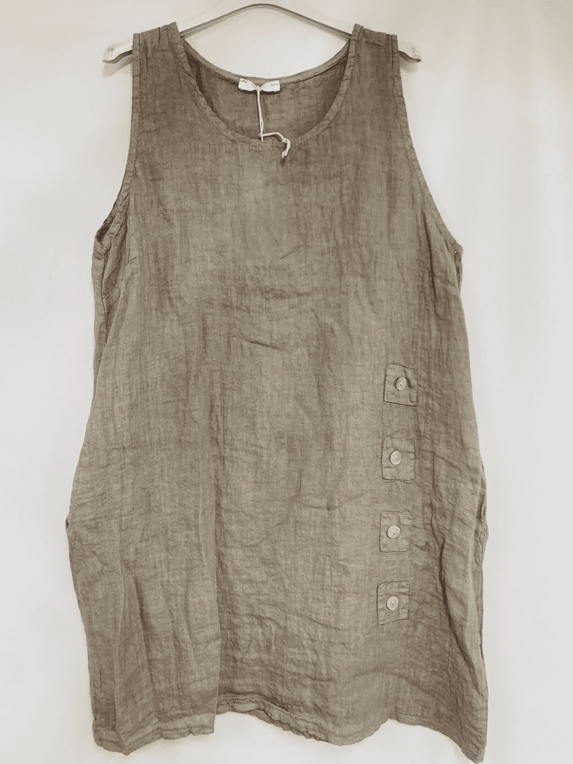 Puur linnen mouwloze jurk met knoppen en ronde hals, - korte zomer jurk - kleur TAUPE - Maat 38