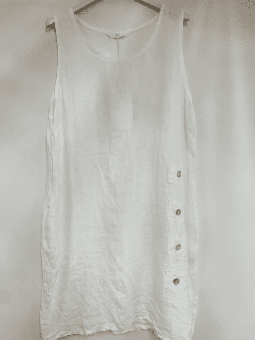 Puur linnen mouwloze jurk met knoppen en ronde hals, - korte zomer jurk - kleur WIT - Maat 38