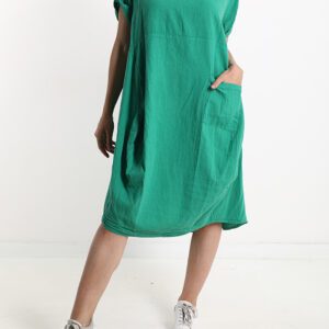 Linnen vintage jurk korte mouwen GROEN kleur, 7/8 lang, wijde model maat 44