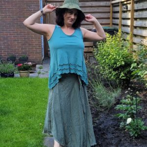 Linnen vintage linnen maxi rok met ceintuur, KAKI kleur, met elastische talie maat 42/44