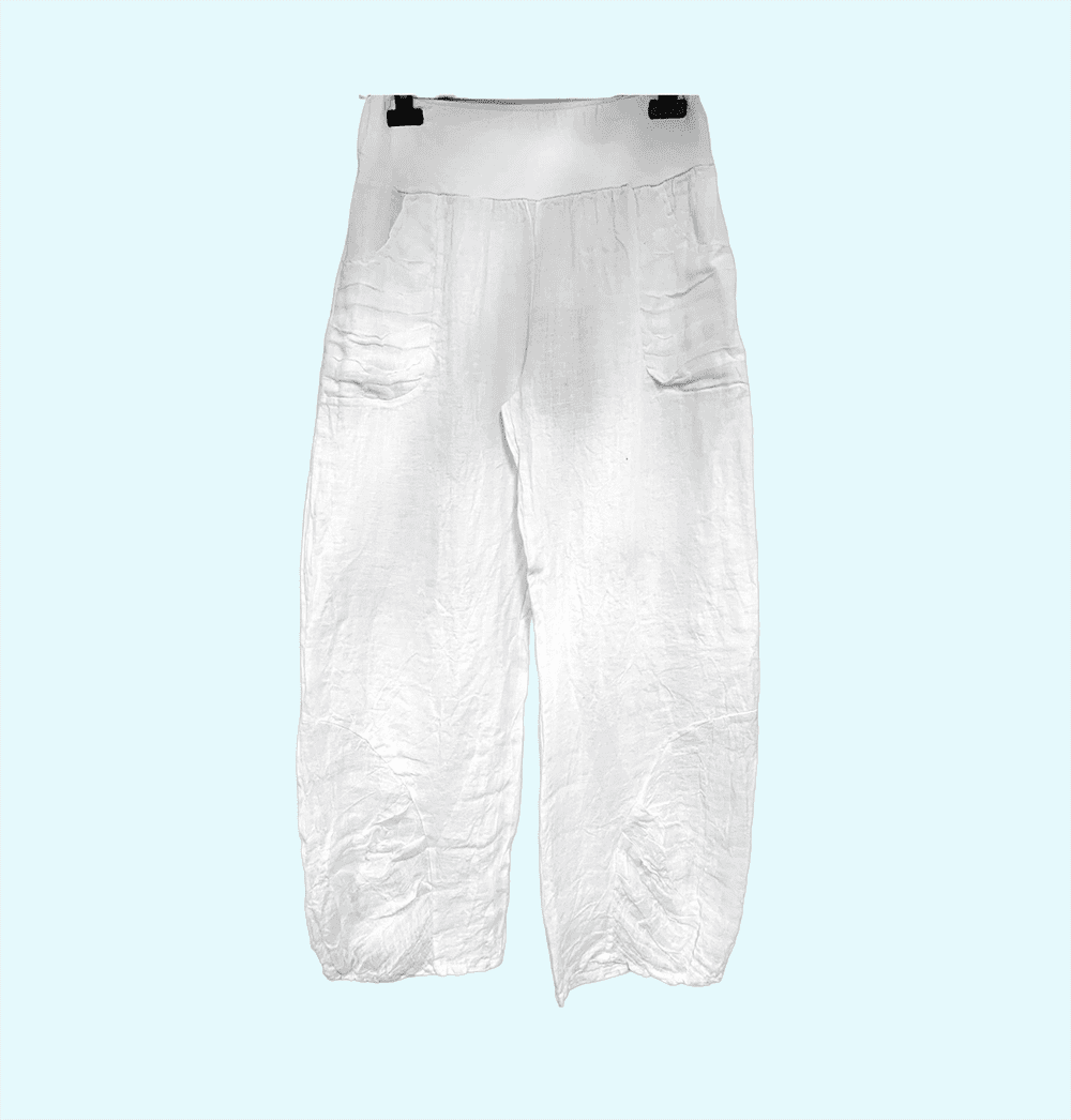 Boho linnen broek met elastische talie - steekzakken - brede pijpen - kleur WIT - maat 36/38