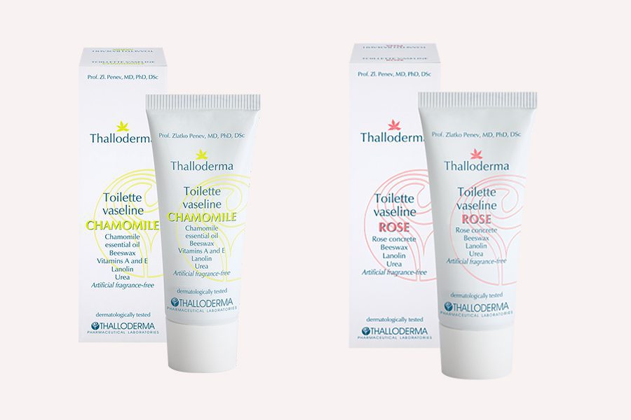 Thalloderma Set van 2 vaseline lippen balsem - KAMILLE en ROZE - etherische olie - droog en gekrakte huid 15ml