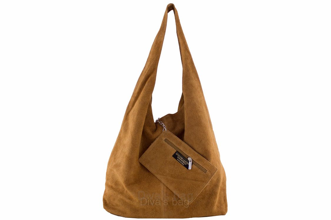 Comfortabele suède maxi tas - zachte schouder tas met magneet sluiting - extra kleine tasje - COGNAC