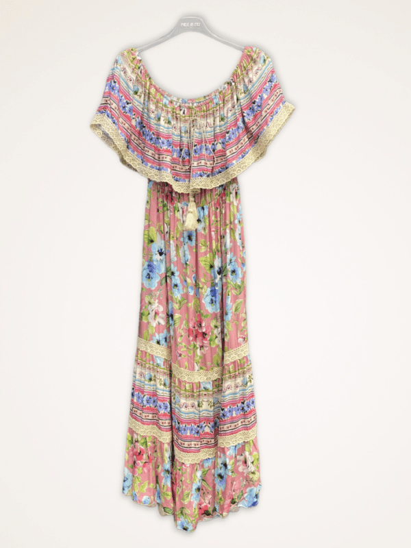 Mooi boho vintage maxi jurk met overlap met volant in ROOS kleur maat 38/40