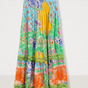 Franse kleurrijke luchtige rok, boho jurk GROEN kleur, elastische band en kant maat 38-42