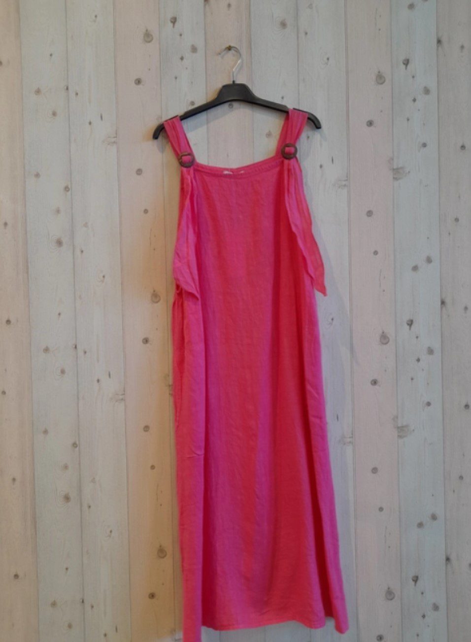 Linnen maxi zomer jurk met spaghetti verstelbanden - zijzakken - ROZE kleur - maat 38/40