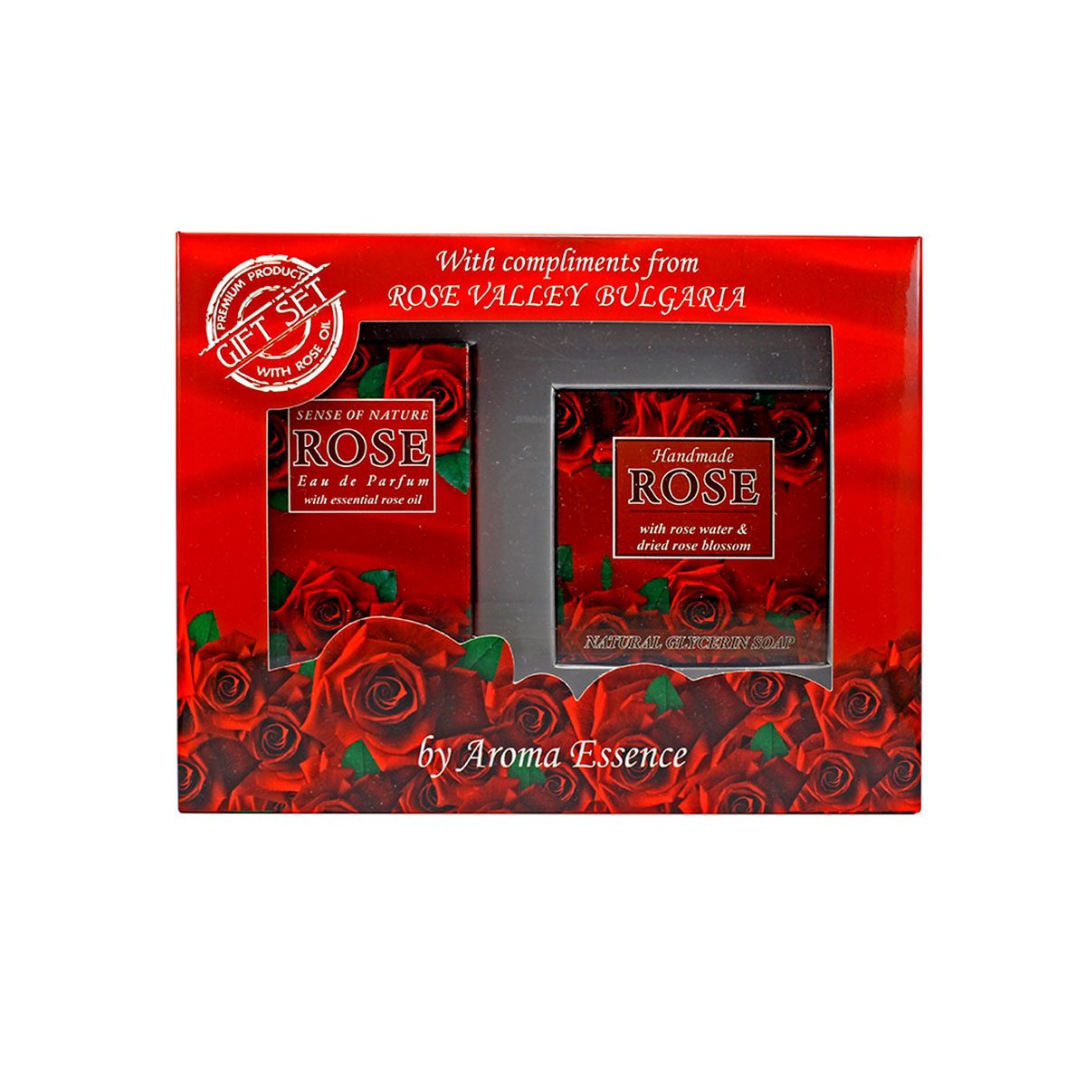 Set van 2 producten Red Rose - Eau De Parfum met etherische rozenolie - zeep met rozenbladjes 2st