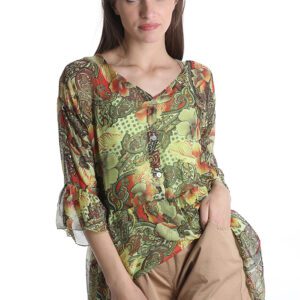 Zijde blouse met hemdje, v-hals, in GROEN, uitlopende mouwen en volant maat 42/44
