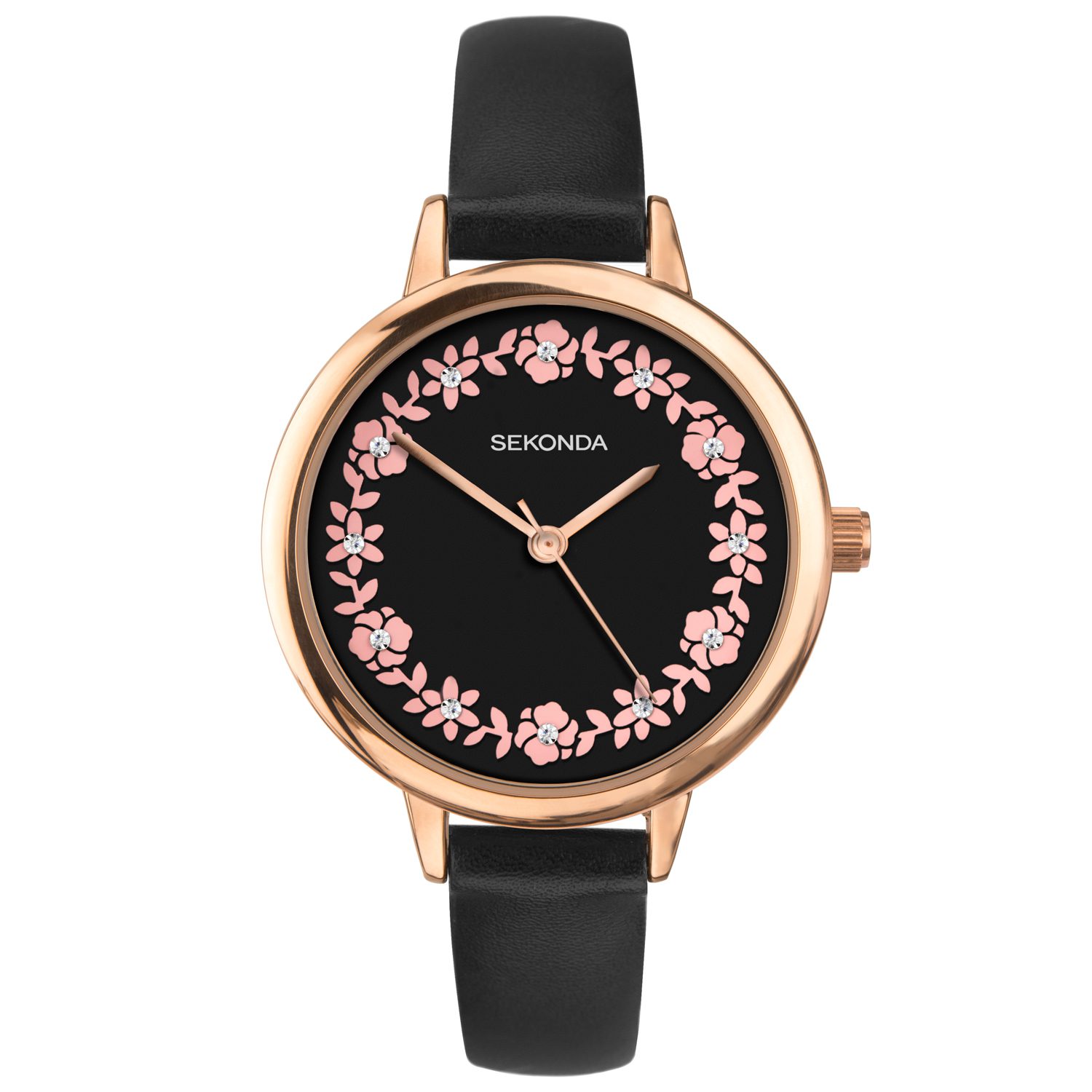 Seconda horloge voor dames met bloemen en een leder armband 2818.8