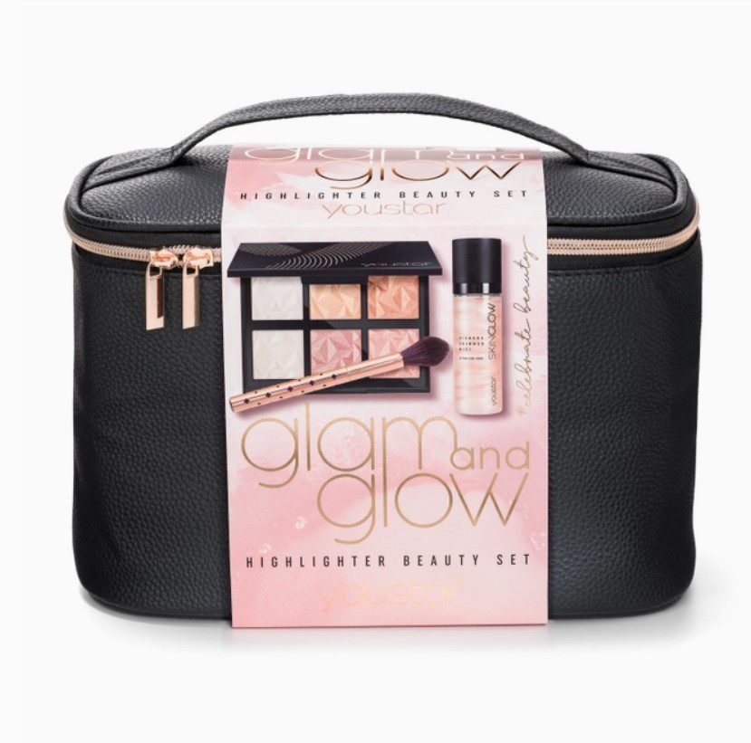 Beauty Make-up Tasje - Set van 3 producten en tas - GLAM & GLOW - highlight pallet - contour borstel en gezicht glitter fixing spray - 3 stuks
