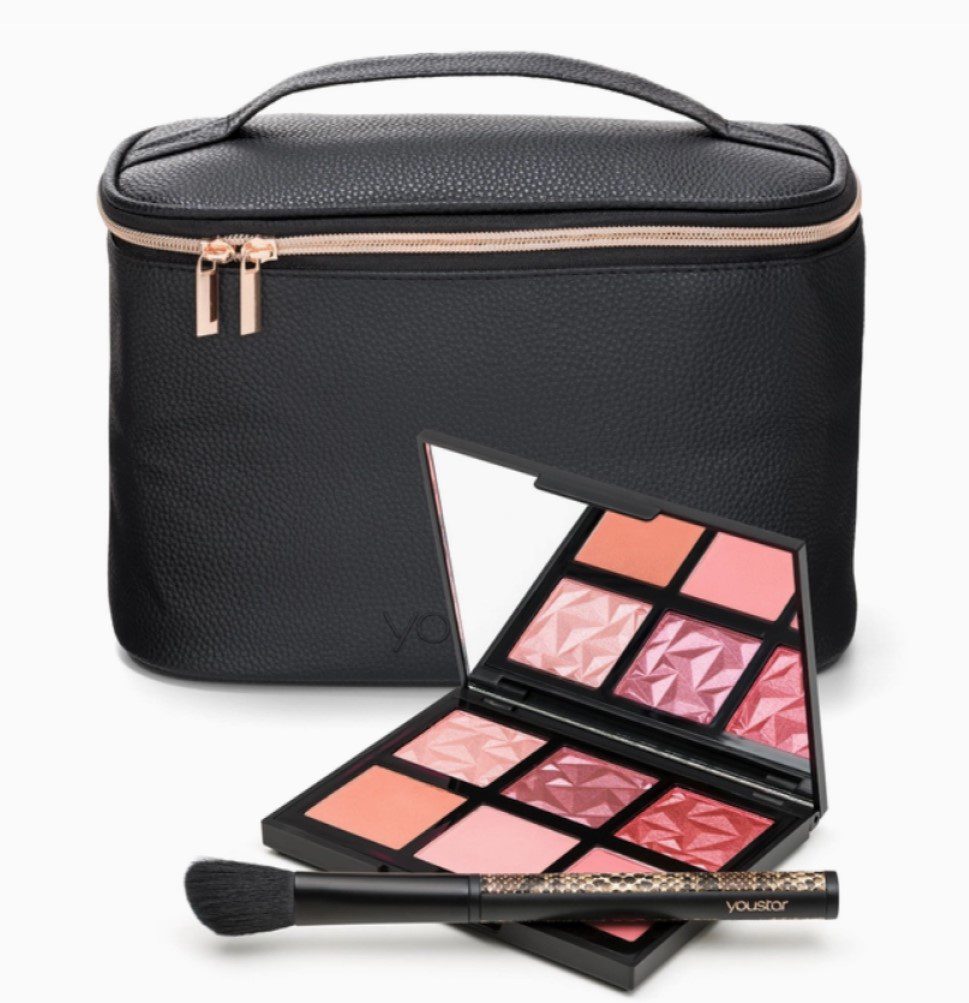 Beauty Make-up Tasje - Set van 2 producten en tas - wangen rouge - 6 kleuren - glitter en mat gezicht borstel - 2st