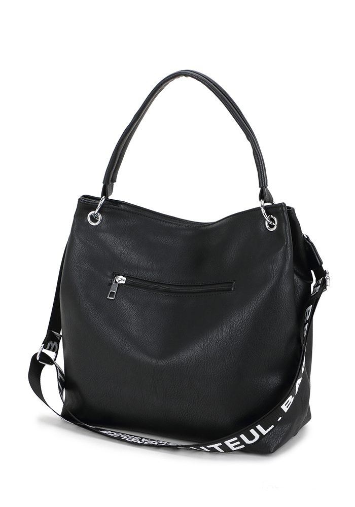 Zwarte tas met Letterprint schouderband, schouder tas - grote dames tas