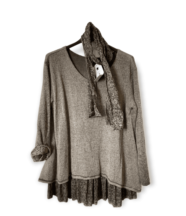 Prachtige warme  wollen top - trui voor dames gevoerd en sjaal kleur BRUIN - maat 40/42