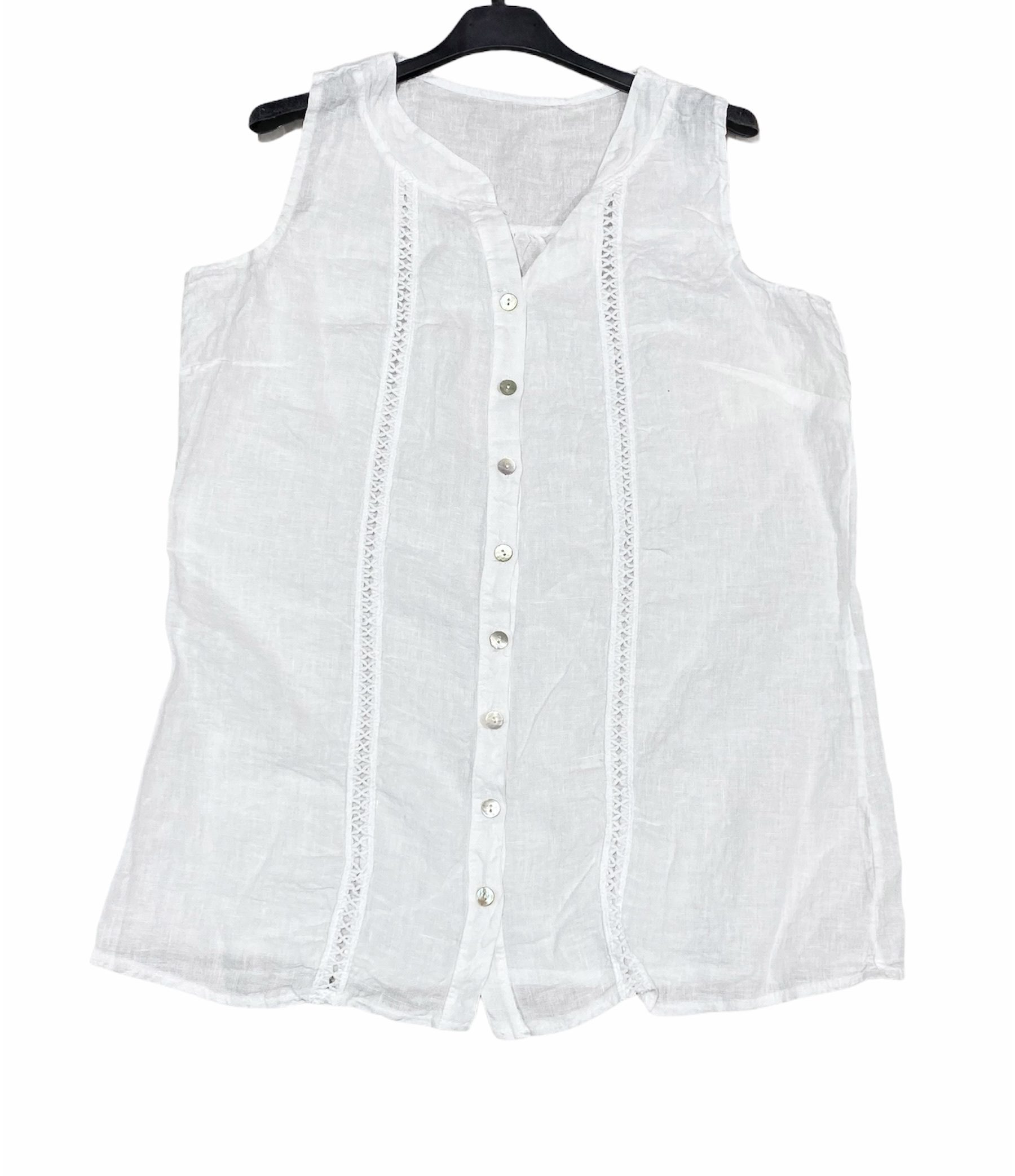 Linnen blouse met knoppen - mouwloos - luchtig top - kleur WIT - maat 44