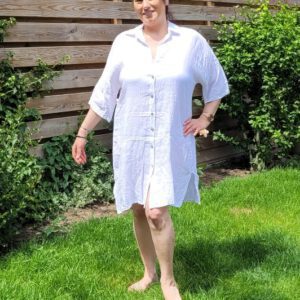 Linnen shirt jurk met 7/8 mouwen in WIT kleur, met splits Maat 44