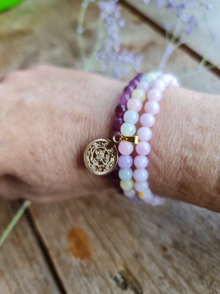 Handgemaakte drie laags edelsteen armbanden - rozenkwarts - kersen kwarts - morganiet - 3st