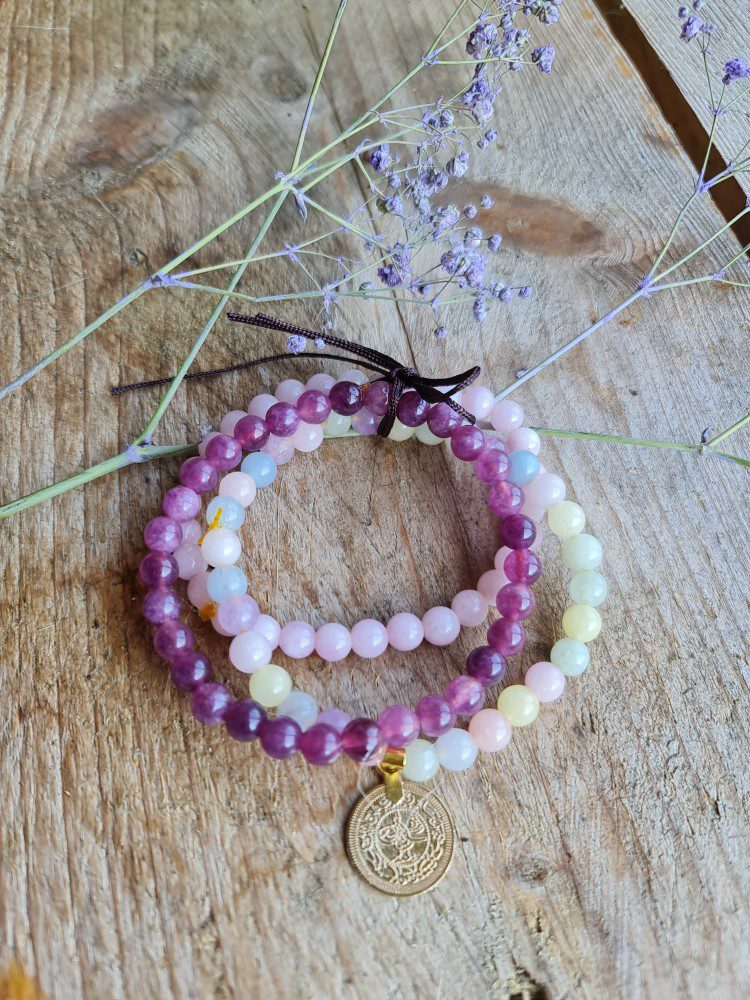 Handgemaakte drie laags edelsteen armbanden - rozenkwarts - kersen kwarts - morganiet - 3st