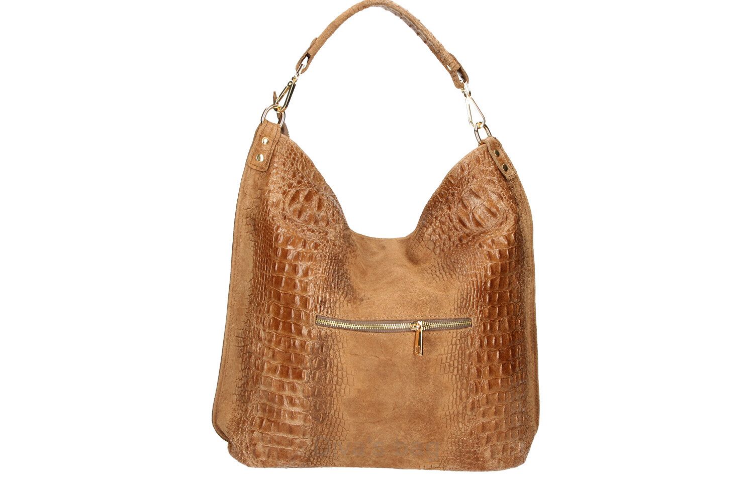 MAXI 100% lederen tas - met Krokodilprint - gouden accessoires - ritssluiting - COGNAC kleur - Afbeelding 4
