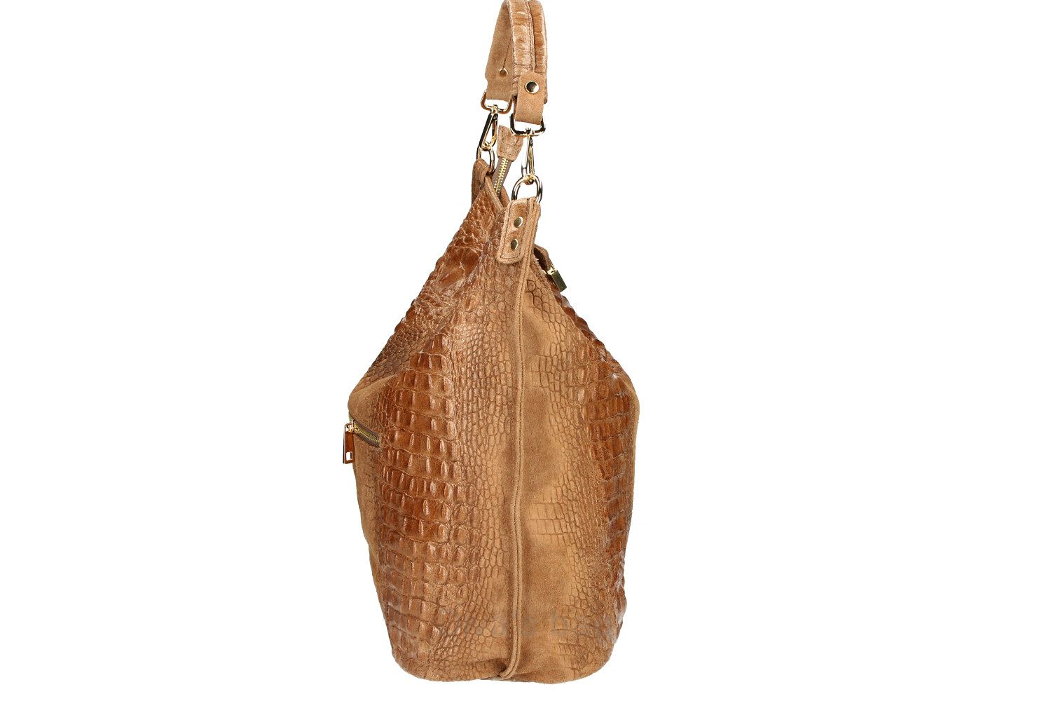 MAXI 100% lederen tas - met Krokodilprint - gouden accessoires - ritssluiting - COGNAC kleur - Afbeelding 3