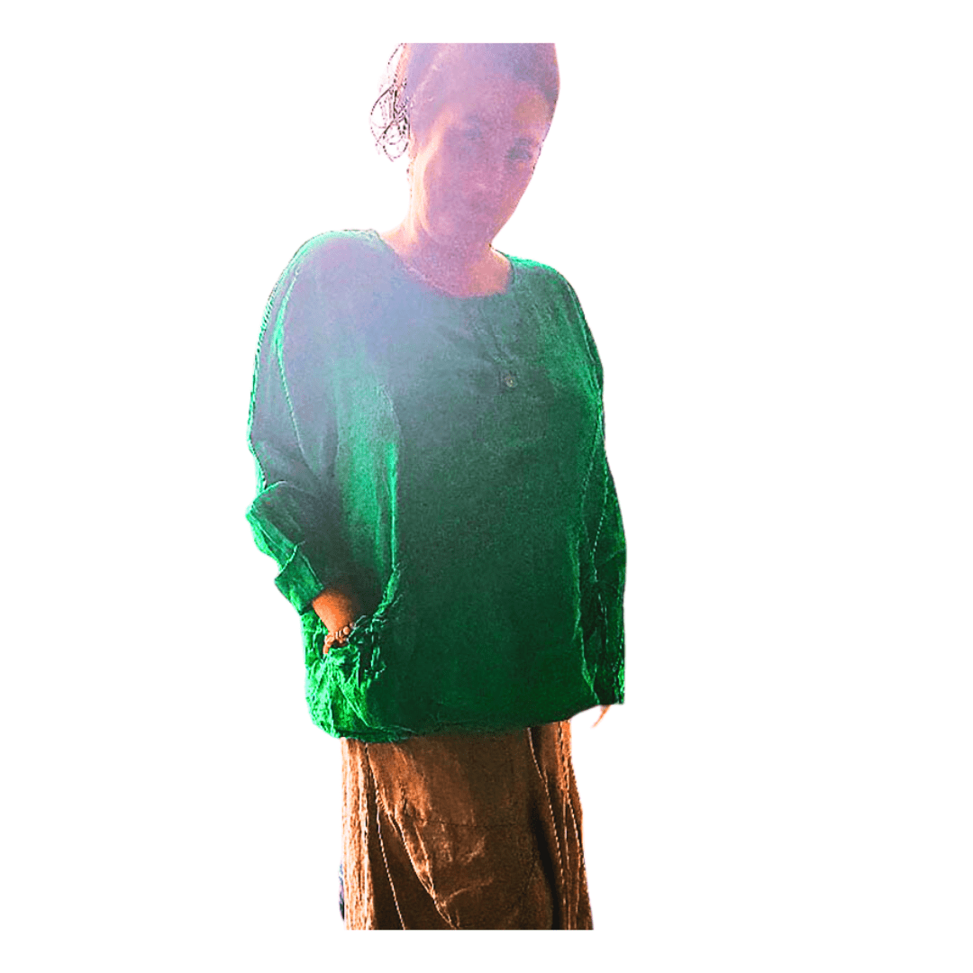 Linnen top met ronde hals - lange mouwen - voor zakken - kleur GRASS GROEN - Maat 44/46