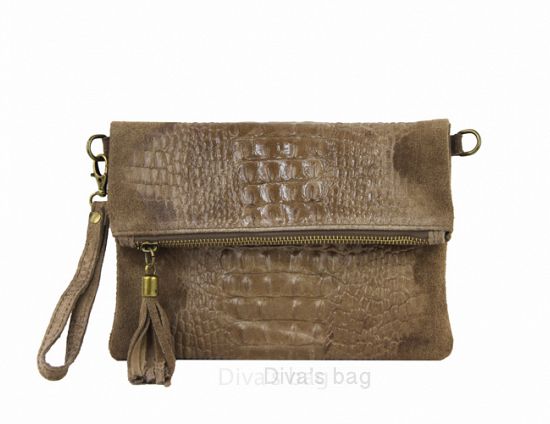 100% suede tas met krokodillenprint - clutch schoudertas - binnen zak - kleur DONKER TAUPE