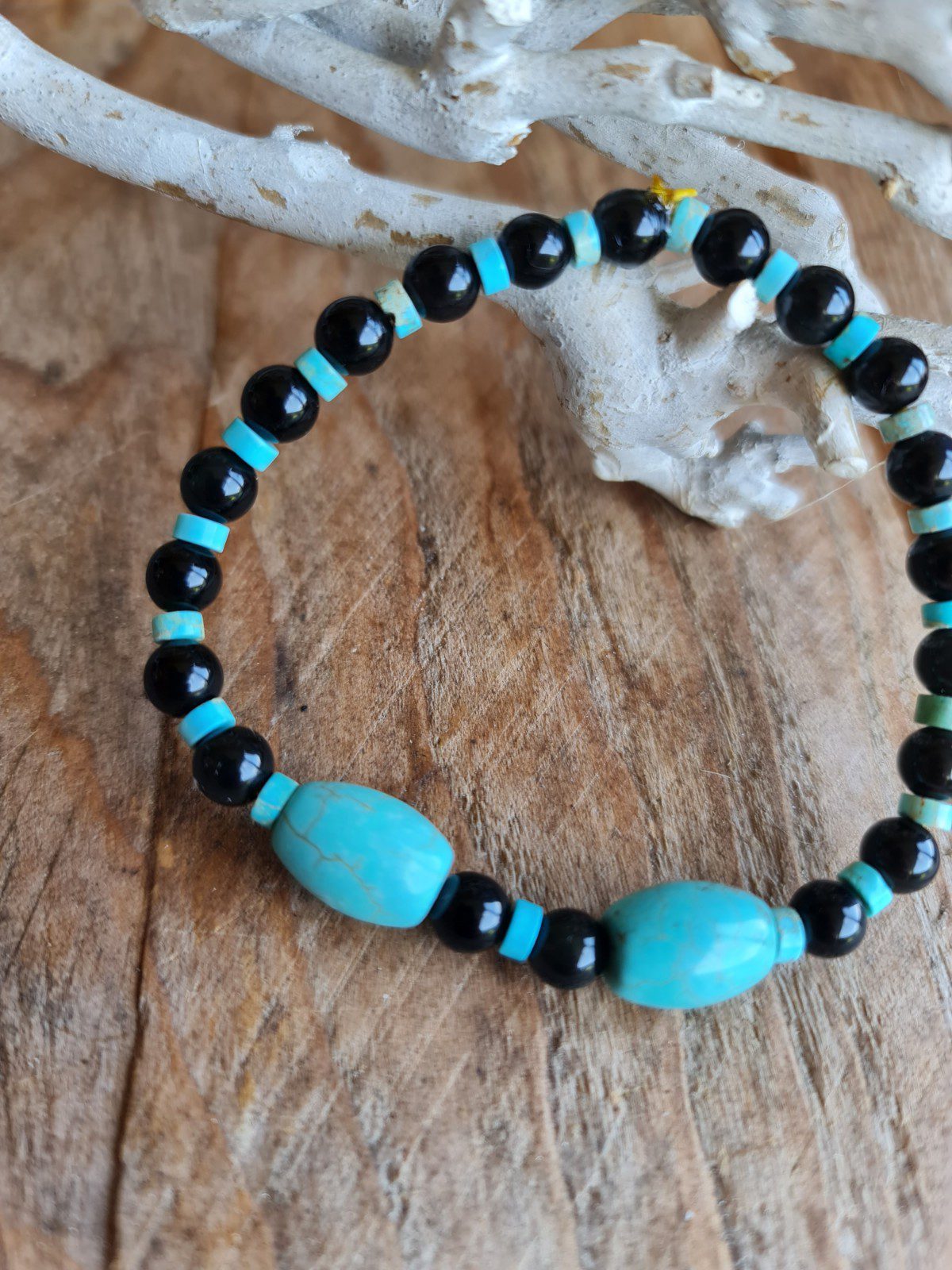 Handgemaakte edelsteen armband Onyx en Turquoise - mannen en vrouwen extra breed