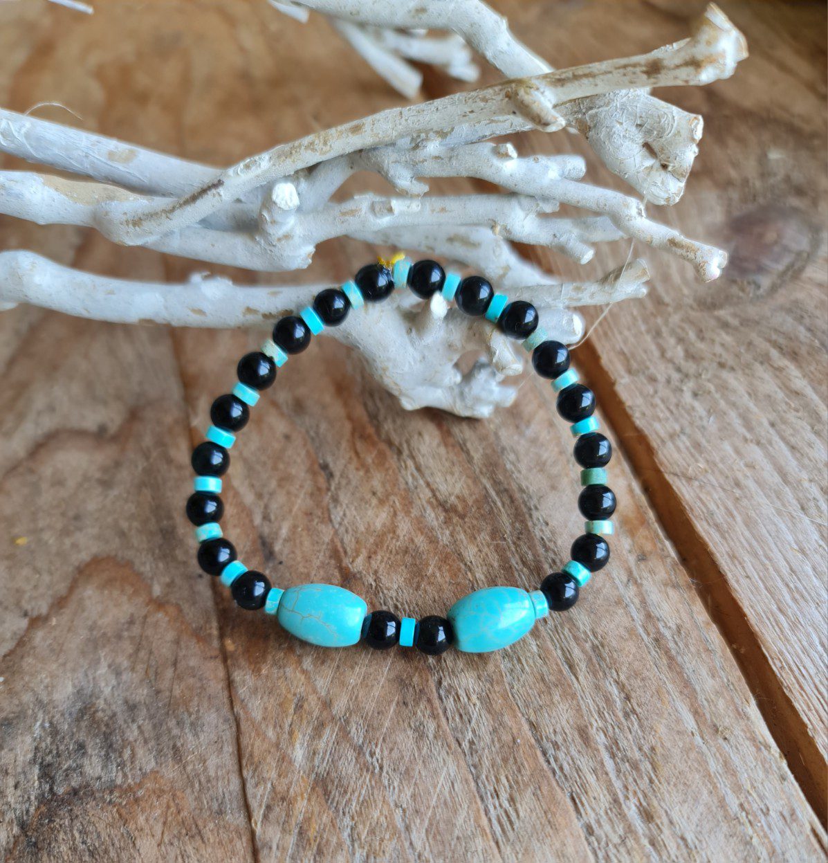 Handgemaakte edelsteen armband Onyx en Turquoise - mannen en vrouwen extra breed