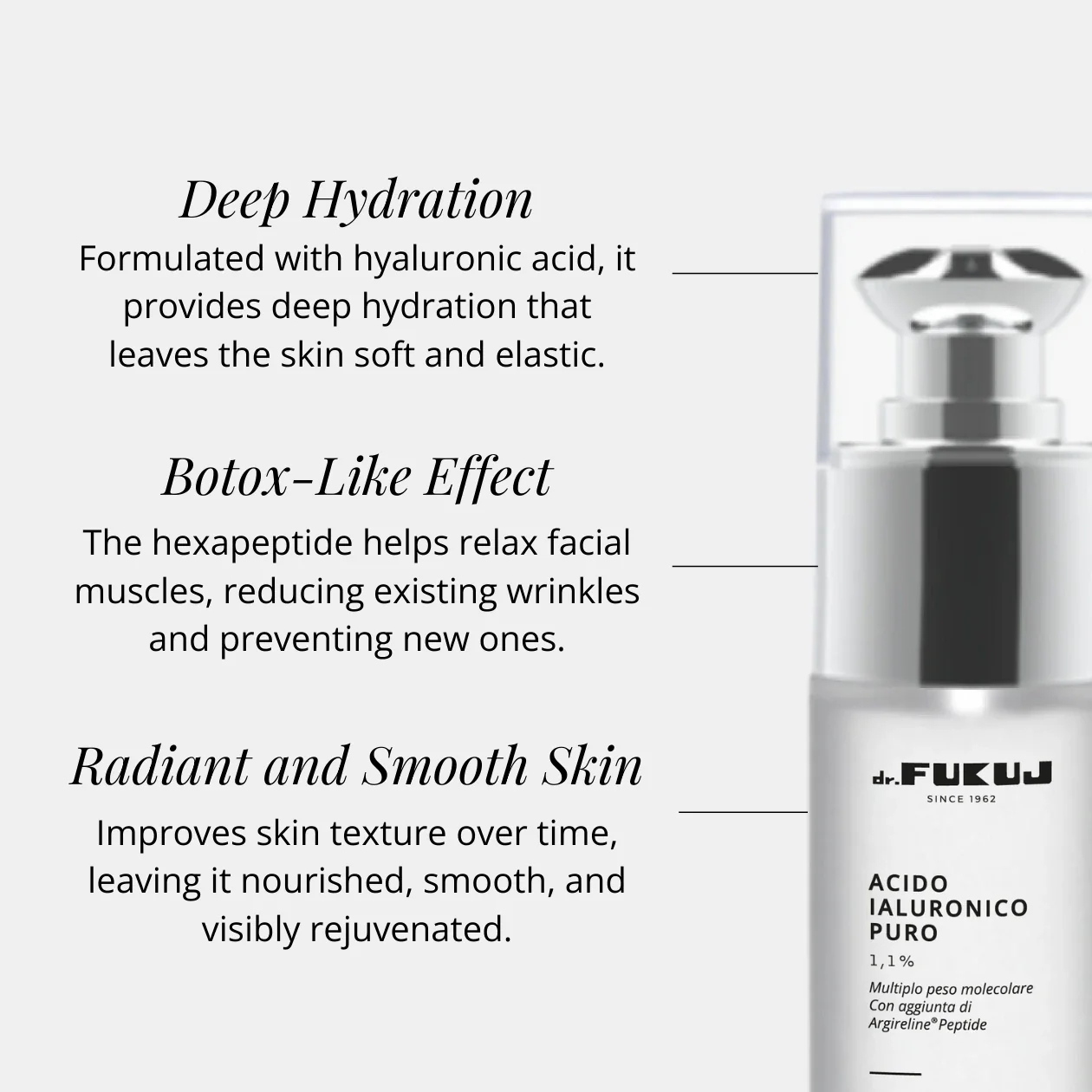 Italiaanse luxe botox serum met Hyaluronzuur 1,1% + Argireline® Peptide - hexapeptide - strakke huid 30ml