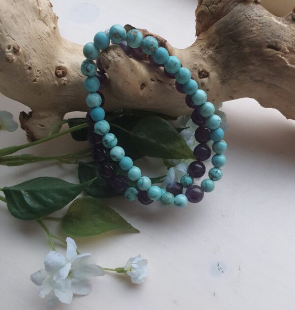 Handgemaakte dubbel armband van edelsteen, sieraden van Amethist en Chinese Turquoise 2st - Afbeelding 2