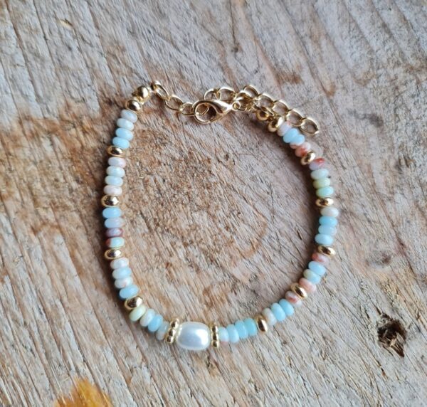 Handgemaakte edelsteen armband van Aquamarijn en parel - blauwe tinten 1st - Afbeelding 2