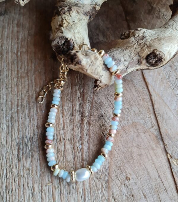Handgemaakte edelsteen armband van Aquamarijn en parel - blauwe tinten 1st