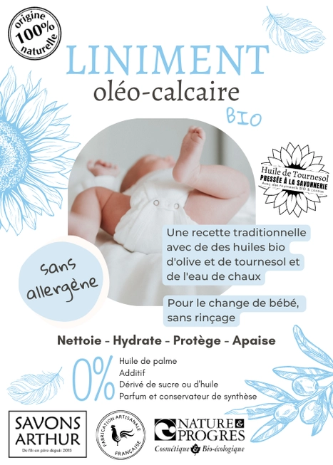 Savons Arthur baby super zacht Liniment met biologische olijf- en zonnebloemolie - verzacht de huid - handgemaakt in Frankrijk 100ml