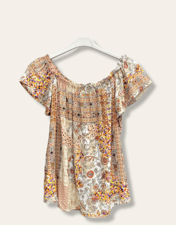 Luchtige zomer topje met elastische decolleté open schouders BEIGE/ORANJE kleur maat 42
