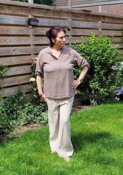 Linnen broek met elastische talie in LICHT BRUIN, Maat 38/40