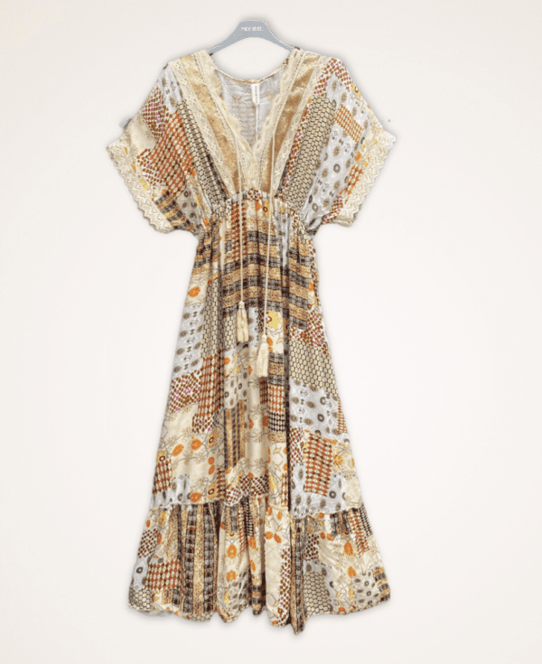 Boho vintage maxi jurk met sierwerk, franjes en hoge talie maat 38-42