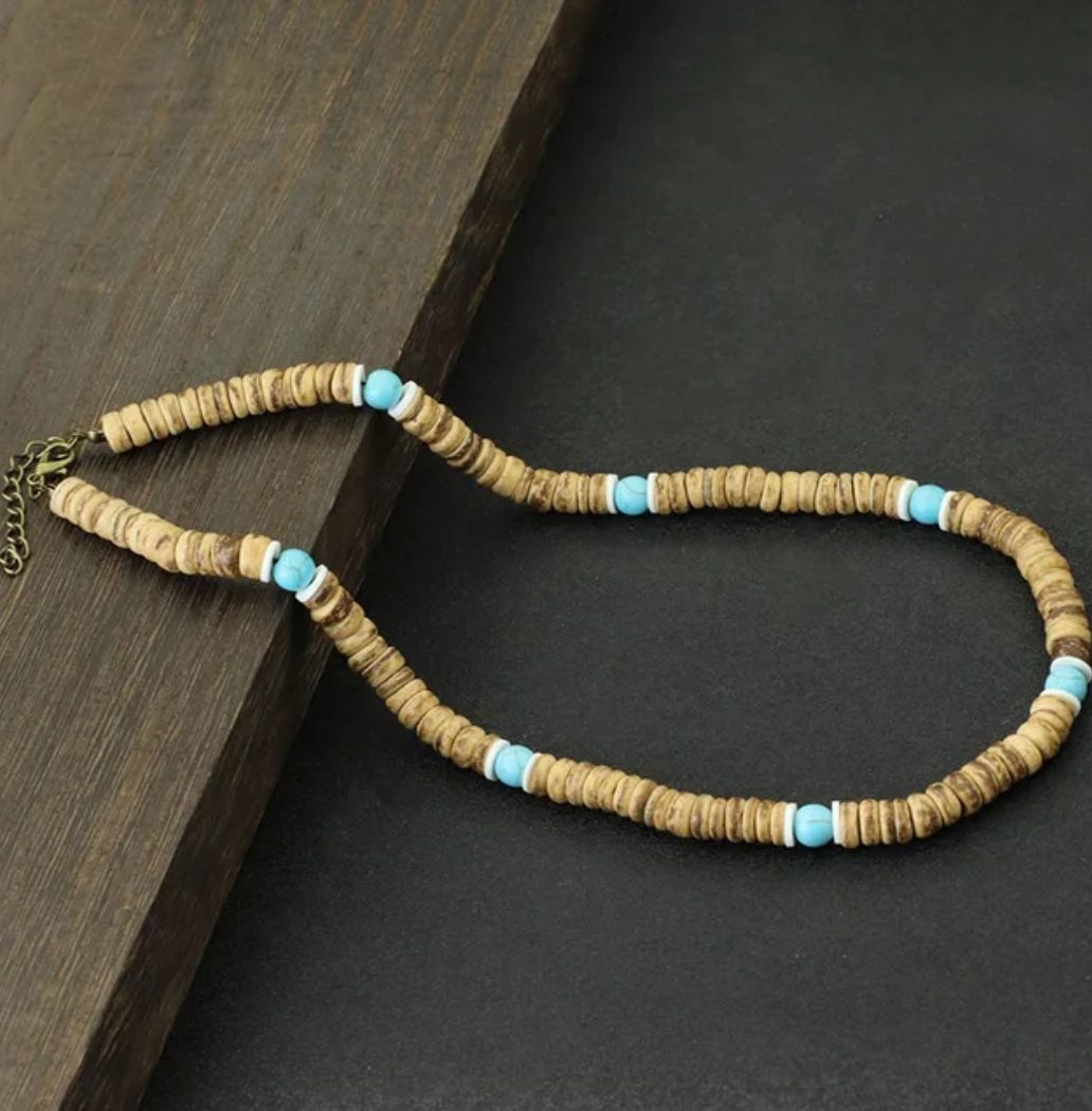 Handgemaakte edelsteen heren sieraden set - ketting en armband - bamboe en Turquoise 2st - Afbeelding 3