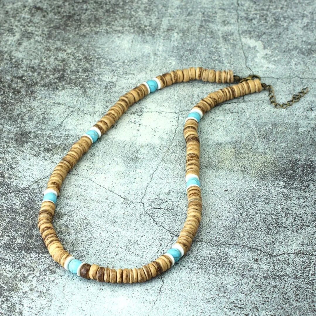 Handgemaakte edelsteen heren sieraden set - ketting en armband - bamboe en Turquoise 2st