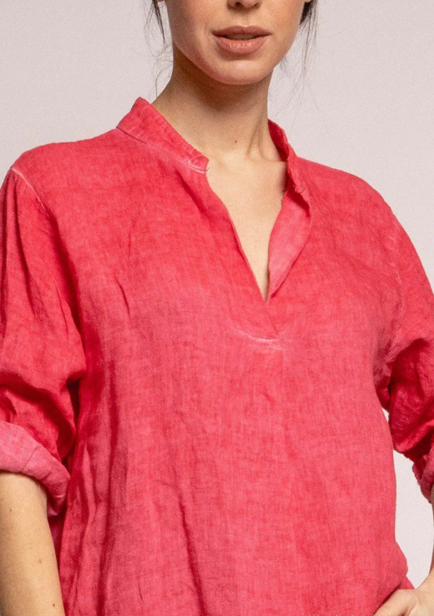 Blouse van puur gewassen linnen met v-hals – oprolbare 3/4 mouwen - FRAMBOOS - Maat M - Afbeelding 3