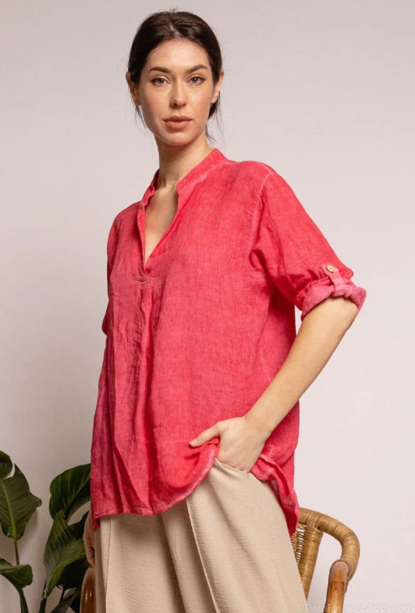 Blouse van puur gewassen linnen met v-hals – oprolbare 3/4 mouwen - FRAMBOOS - Maat M - Afbeelding 2