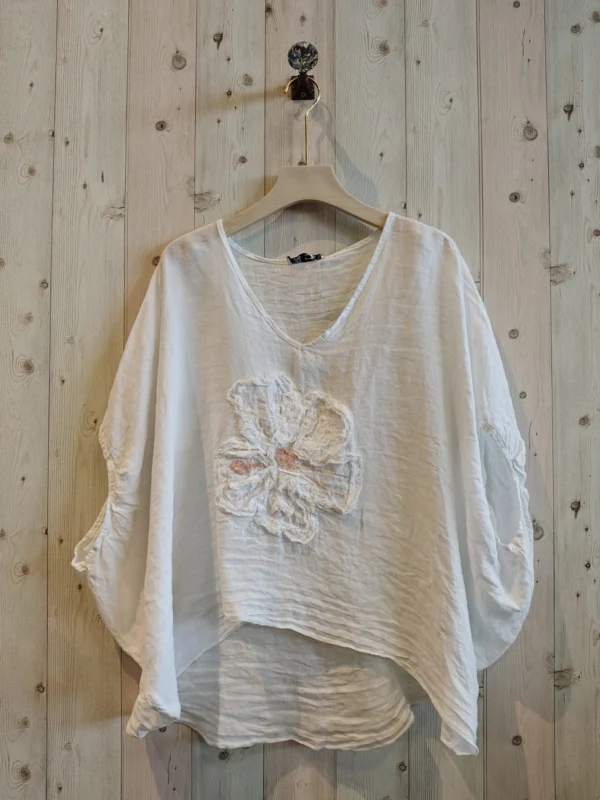 100% Linnen top blouse met prachtige bloem - oversized - kleur WIT - hammam top - Onesize