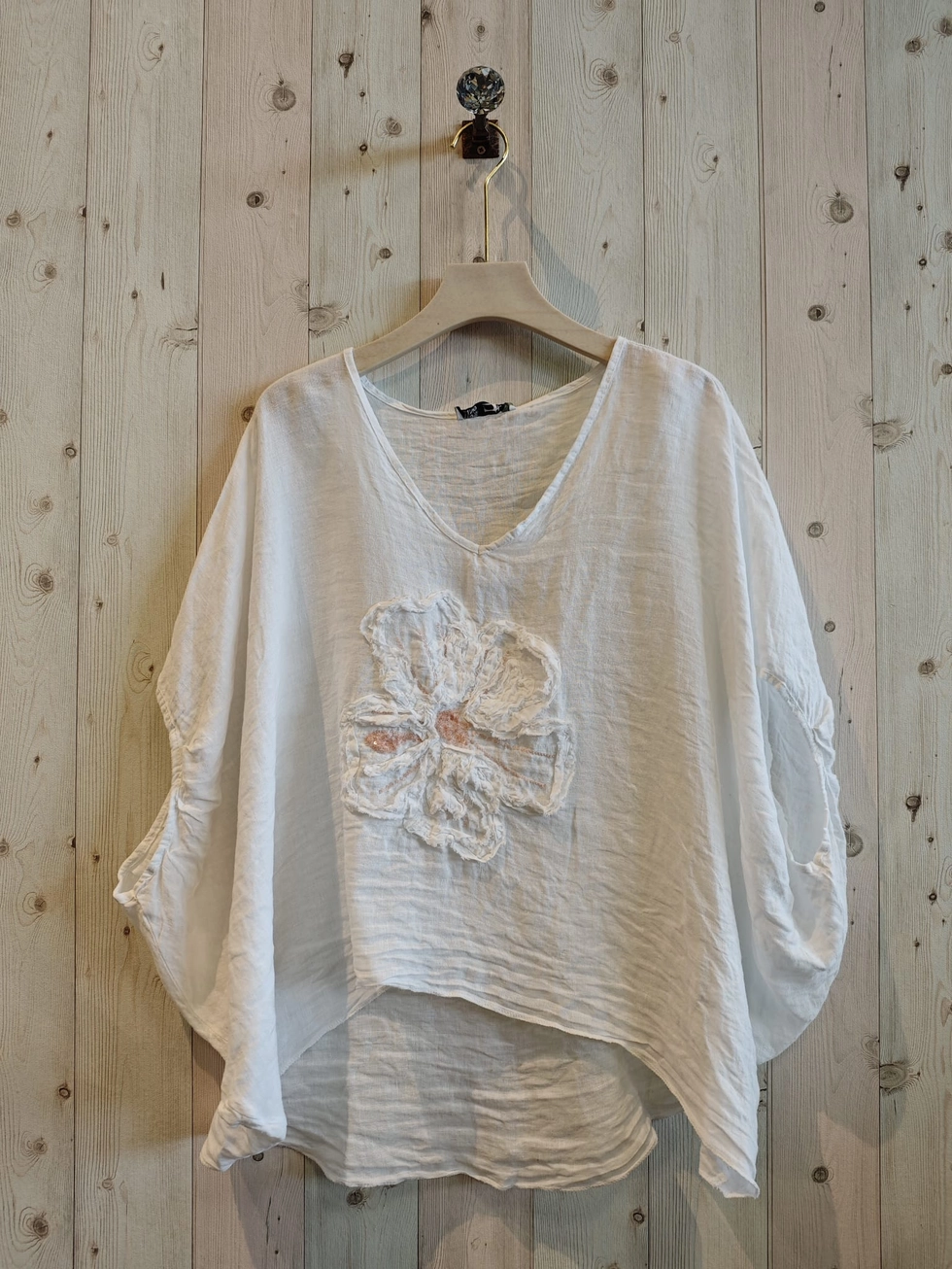 100% Linnen top blouse met prachtige bloem - oversized - kleur WIT - hammam top - Onesize