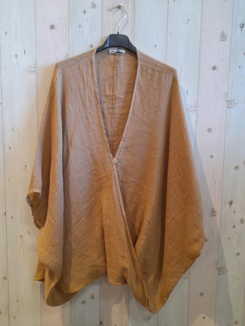 Hammam Linnen blouse - oversized - omarmend - met knoppen - korte mouwen - CAMEL kleur