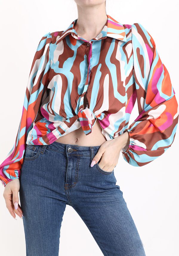 Boho satijn Multi kleur blouse met vintage licht pofmouwen, Franse mode maat 38