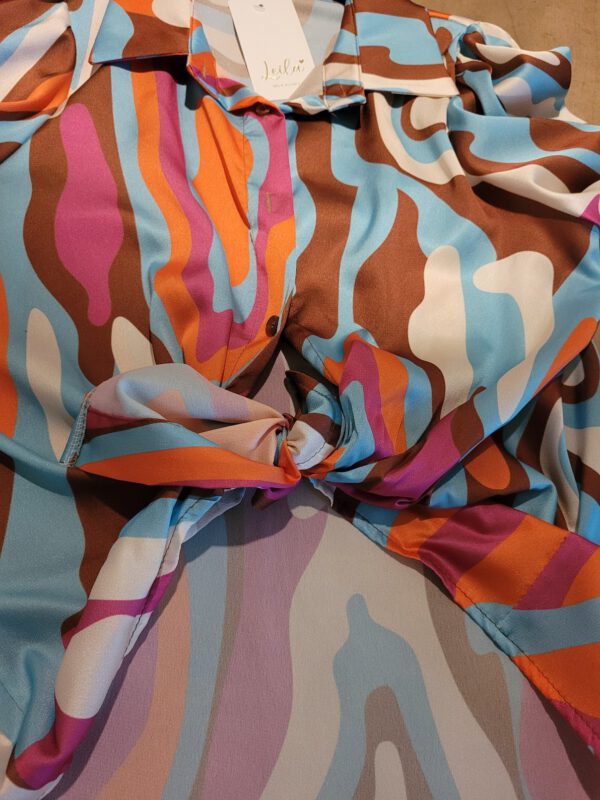 Boho satijn Multi kleur blouse met vintage licht pofmouwen, Franse mode maat 38 - Afbeelding 4