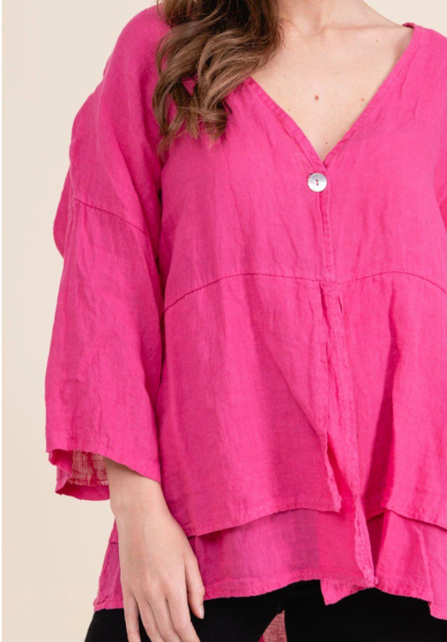 Luchtige linnen blouse en vest met een knop - 3/4 mouwen - FUCHSIA - maat 40-42 - Afbeelding 2
