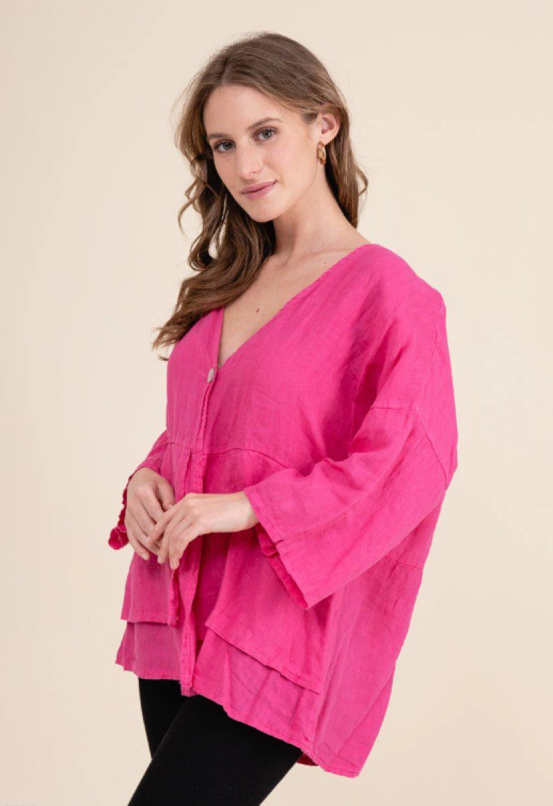 Luchtige linnen blouse en vest met een knop - 3/4 mouwen - FUCHSIA - maat 40-42 - Afbeelding 5