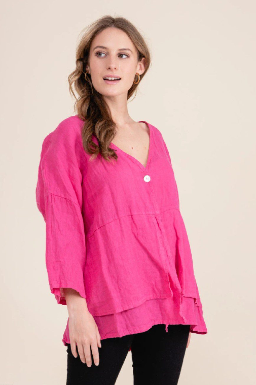 Luchtige linnen blouse en vest met een knop - 3/4 mouwen - FUCHSIA - maat 40-42 - Afbeelding 4