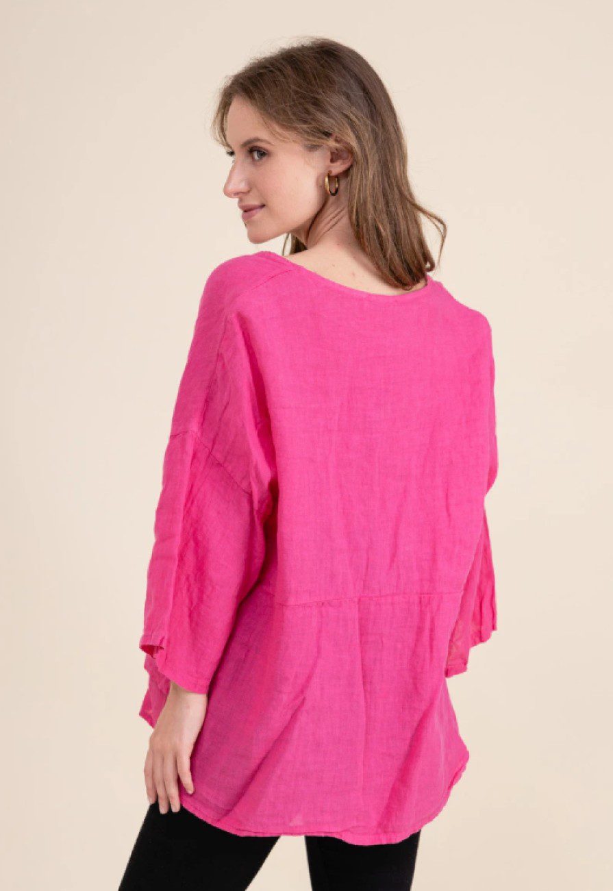 Luchtige linnen blouse en vest met een knop - 3/4 mouwen - FUCHSIA - maat 40-42 - Afbeelding 3