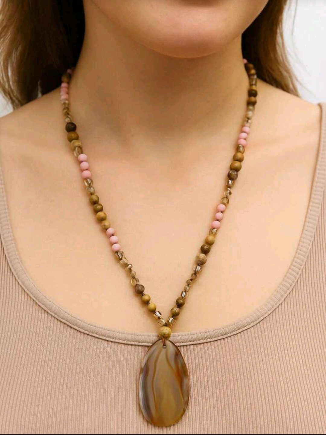 Boho lange ketting van edelsteen - onregelmatige Agaat bruin of beige tinten - piscture Jaspis - Rhodoniet