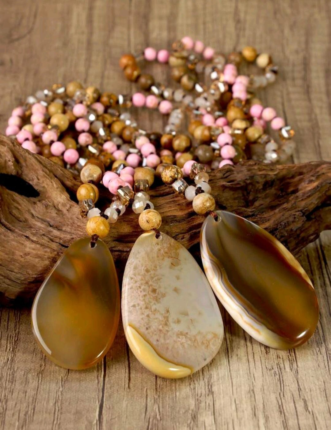 Boho lange ketting van edelsteen - onregelmatige Agaat bruin of beige tinten - piscture Jaspis - Rhodoniet - Afbeelding 2